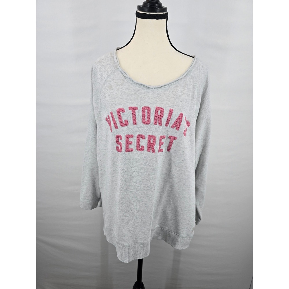 Victorias Secret Womens XL Gray Pink Embroidered Logo Raglan Lounge Sweatshirt